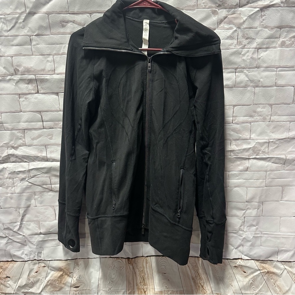 Black Lululemon Zip Jacket Wide Collar with Hood Thumbhole Sleeve Women's Jacket